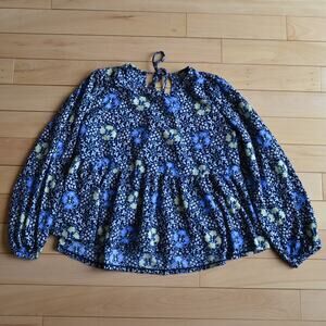 LOFT Floral Blouse Top Shirt Size L Blue